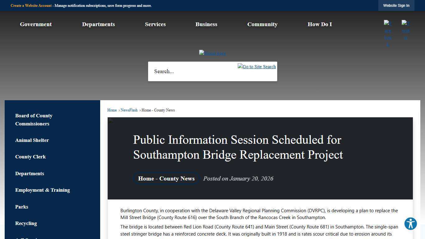 Public Information Session Scheduled for Southampton Bridge Replacement Project • Burlington County, NJ